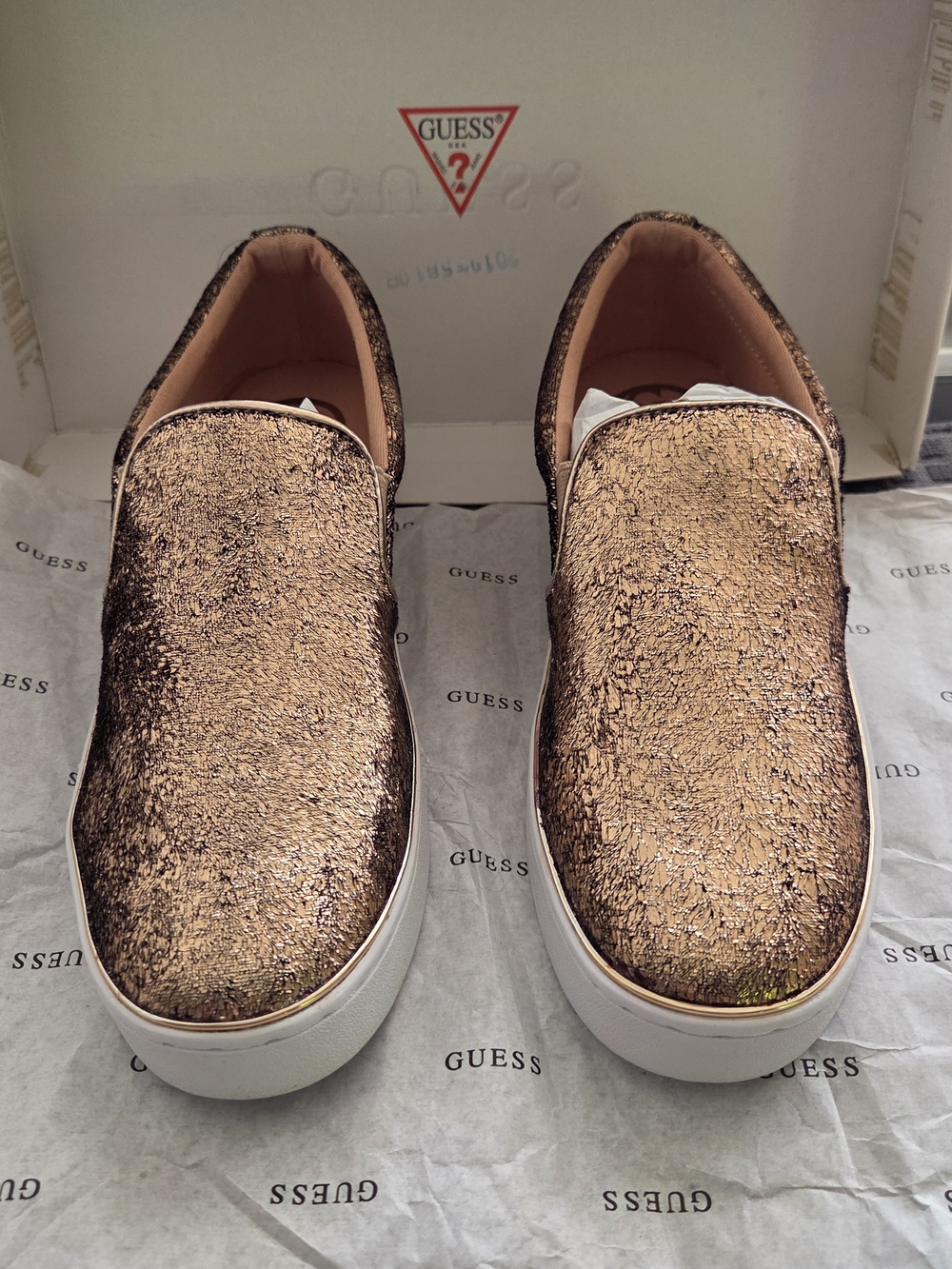 GUESS Men’s Slip-On Sneakers in Metallic Rose Gold